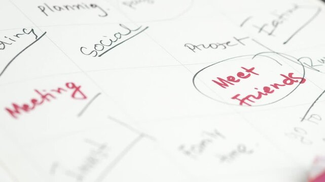 Close up of a planner or calendar with handwritten notes and a binder clip