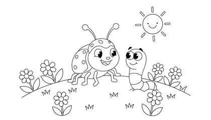 Fototapeta premium Whimsical cartoon coloring page featuring a happy ladybug and a cute caterpillar conversing in a blooming flower field.