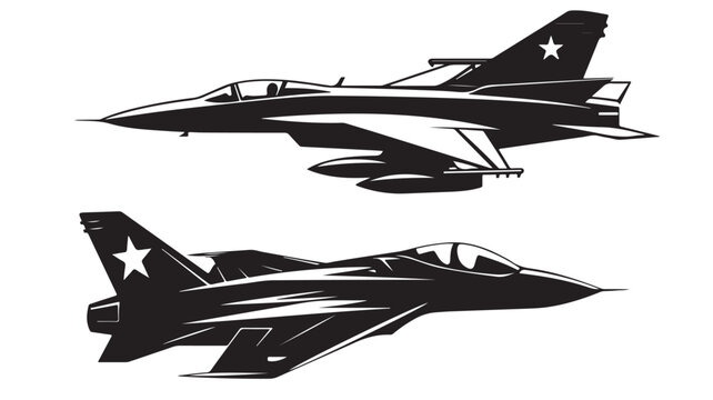Military fighter jet vector silhouettes, modern supersonic aircraft with star insignia, black and white air force plane illustrations for decals