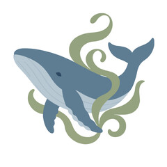 Fototapeta premium Hand-drawn blue whale vector icon swimming gracefully past curling green seaweed tendrils in a serene underwater scene with elegant curved lines and soft pastel tones