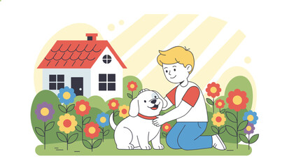 Fototapeta premium Happy young boy kneels in a beautiful flower garden to pet his cute white dog in front of their cozy red-roofed house.