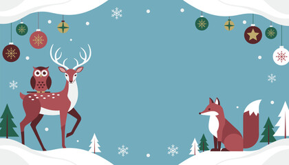 Naklejka premium Beautiful winter wonderland scene featuring a majestic deer, an owl, and a red fox in a snowy forest decorated with ornaments.