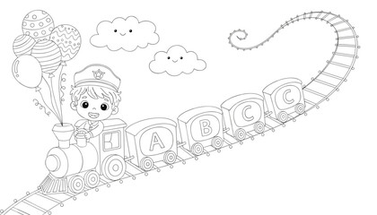 Fototapeta premium Conductor boy driving a toy alphabet train with balloons and smiling clouds, designed as a creative coloring page.