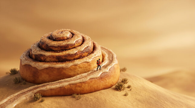 Miniature hiker explores giant cinnamon roll resembling desert landscape
