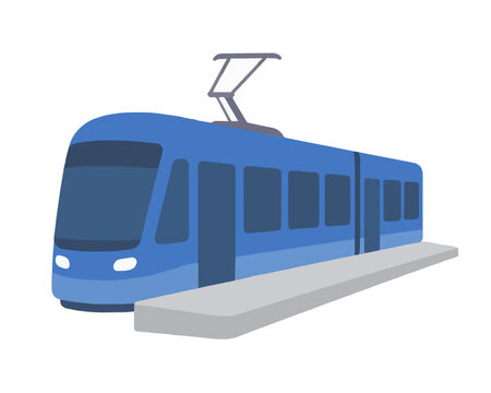Hand-drawn vector icon of a modern blue tram with overhead pantograph parked at a gray passenger platform, vivid cartoon-style urban transport illustration