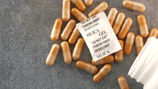 Close up video of herbal medicine capsules with silica gel desiccant and white pill bottle