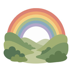 Fototapeta premium Hand-drawn rainbow arching over serene green valley hills vector icon illustration with layered bushes and winding path in soft pastel landscape design