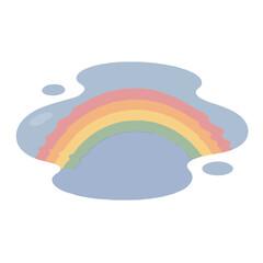 Obraz premium Soft pastel rainbow arch reflected in a tranquil gray puddle hand-drawn vector illustration, gentle multicolored arc blending pink, yellow, green, and lilac tones in serene flat design