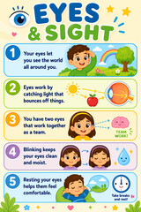 Fototapeta premium eye, sight, infographic, kids, vision, eye anatomy, light, blinking, human body, education poster, children, rainbow, teamwork, brain, tear, rest, screen break, senses, biology, health, classroom post