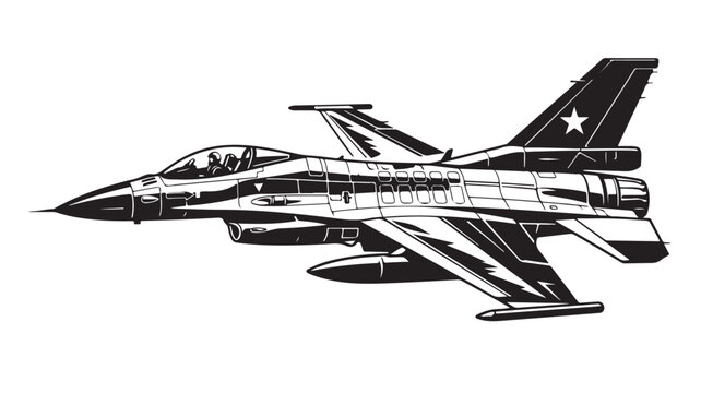 Military fighter jet vector illustration, black and white supersonic aircraft profile, modern air force combat plane with star insignia