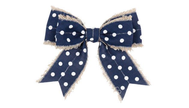Navy blue polka dot ribbon bow with burlap trim, decorative gift bow isolated on white, rustic fabric accessory