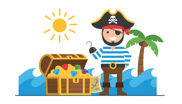 Happy cartoon pirate standing on a tropical beach next to an open treasure chest filled with gold coins and sparkling gems.