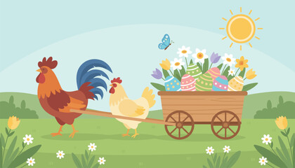 Fototapeta premium Rooster and hen pull a rustic wooden cart filled with decorated Easter eggs and spring flowers across a grassy field.