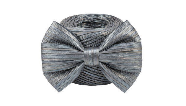Gray and white yarn bow knot, textured fiber ribbon decoration, handmade craft bow isolated on white background