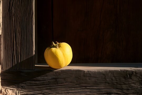 Minimalist still life of a ripe yellow quince on Hanok wooden threshold