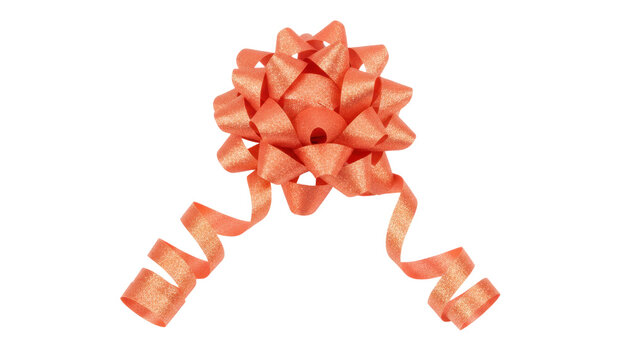 Red gift bow with curly ribbon tails, festive present topper on white background, holiday celebration wrapping decor