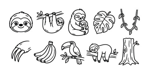 Obraz premium Cute tropical sloth doodle element set featuring toucan leaf banana branch tree and claw, vector illustration