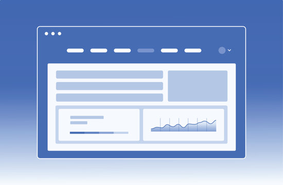 Dashboard UI design mockup. Modern website browser window, menu analytics graph, data visualization panels. Web development app interface, business software design, SaaS branding, UX presentation app