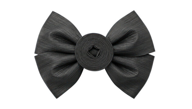 Black ribbon bow close up, satin gift bow decoration isolated on white, elegant bowknot accessory for packaging