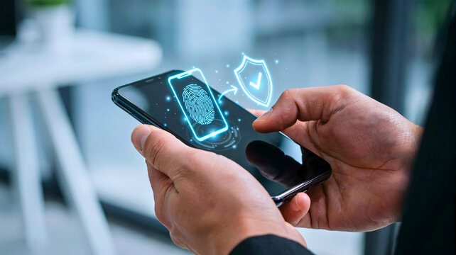 Close up of hands holding smartphone with biometric fingerprint scanner and security shield protection icon