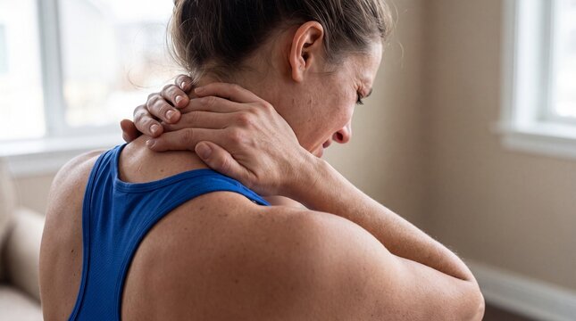 Woman suffering from neck pain. Female athlete touching sore neck after workout.