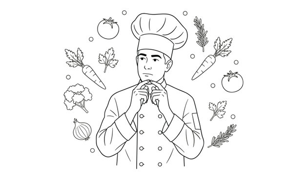 Black and white coloring page of a professional male chef in uniform thinking about recipes, surrounded by fresh vegetables.