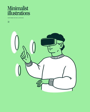 Man wearing a virtual reality headset interacting with a digital interface in a minimalist flat illustration style. Ideal for VR, technology, gaming, education, innovation, and web design.