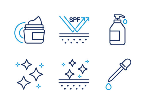 Serum, Cream, and SPF Protection thin line icon set. Minimal web icons