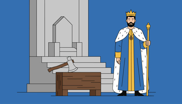 Powerful medieval king standing proudly in his throne room next to his royal crown, scepter, and an executioner axe.