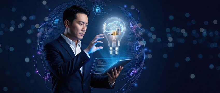 Business professional examining data with a digital lightbulb symbolizing innovation and technology solutions in a modern futuristic environment