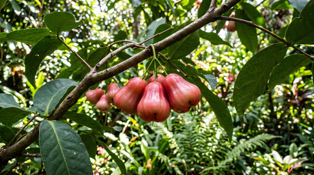 Rose apple fruit hanging on tree branch. Fresh wax apples growing in tropical garden.