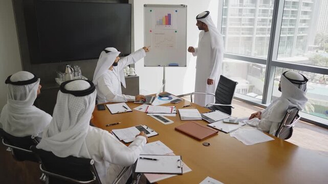 Arab businessmen wearing emirati kandura meeting in office for business deal - Corporate business group of middle-eastern people working in an international company in middle east