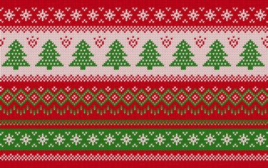 Obraz premium Sweater geometrical ornament with Christmas trees. Red and green Christmas seamless pattern. Festive knitted print. Xmas print border. Fair isle traditional holiday background. Vector illustration.