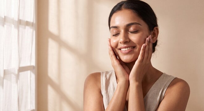 Young Indian woman touching her face. Female applying skincare routine in soft natural light.