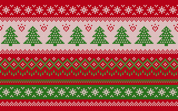 Sweater geometrical ornament with Christmas trees. Red and green Christmas seamless pattern. Festive knitted print. Xmas print border. Fair isle traditional holiday background. Vector illustration.