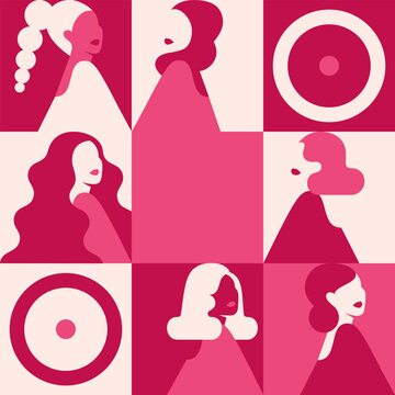 Female breast health seamless pattern with Women. Backdrop of support and solidarity with females fighting cancer and oncological disease. Vector illustration