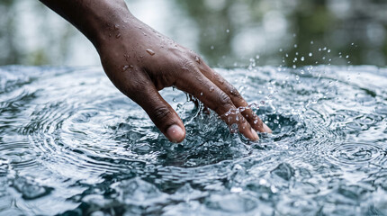 Fototapeta premium Person touching water surface creating ripples and splashes, close up