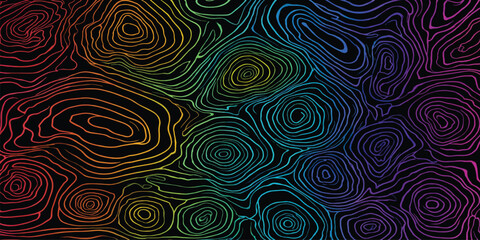 Abstract colorful topographic contour line patterns on black with topographic abstract gradient geography cartography elevation colorful spectrum graphics background creative geometric © MOHAMAD