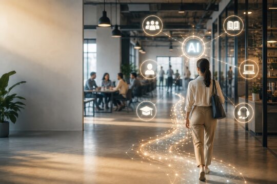 Confident New Employee Entering Office Guided by AI
