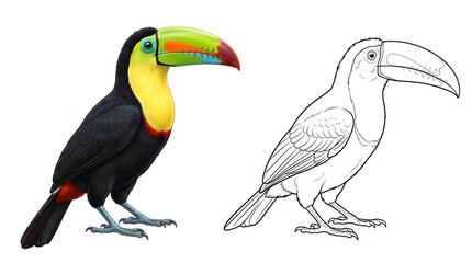 Obraz premium Toucan Duo: A vibrant toucan stands beside its detailed line-art counterpart, showcasing the beauty of this exotic bird from a tropical rainforest.