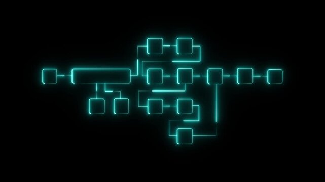 Futuristic neon flowchart diagram with glowing connected blocks and dynamic digital pathways representing system workflow, data processing, and modern technology architecture