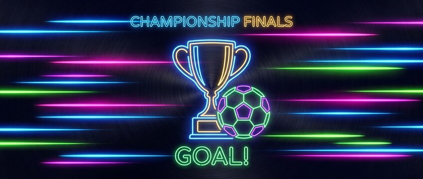 Soccer championship finals neon sign. Football tournament trophy with glowing light trails.