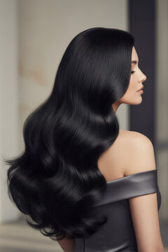 Beautiful Woman with Long Glossy Black Wavy Hair in Elegant Fashion Portrait