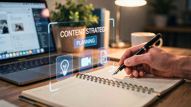 Meticulously planning a comprehensive digital content strategy, focusing on creative development, online marketing goals, and strategic execution in a modern workspace environment