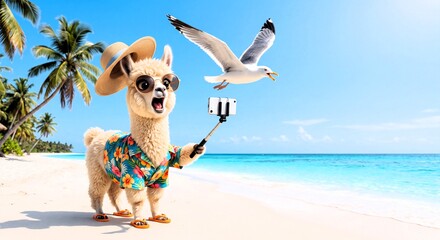 Obraz premium Llama with smartphone and selfie stick on beach with seagull