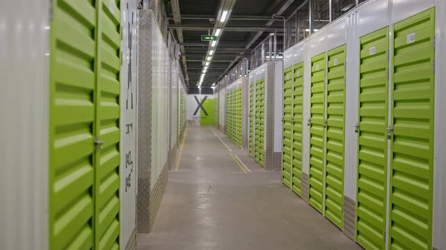 Empty corridor in modern self storage facility showing rows of green metal locker doors. Video is perfect for promoting moving services, decluttering, or ecommerce inventory storage solutions