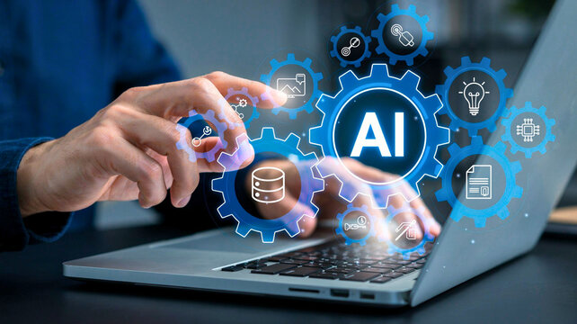 Person using laptop with AI digital interface and gears for machine learning concept