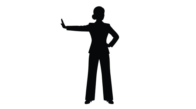 Professional businesswoman silhouette standing in a confident posture making a formal hand gesture for stopping action