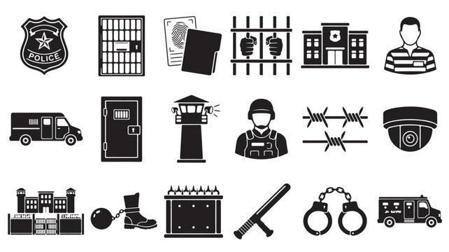 Prison and law enforcement icon set, 18 black silhouette prison symbols, justice and correctional facility vector elements for security infographics