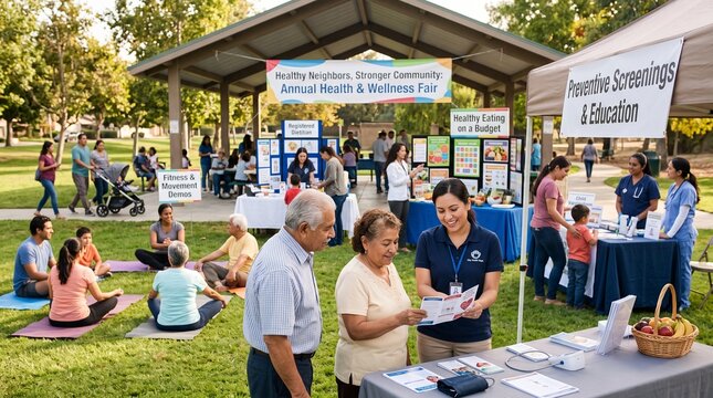 Elderly couple reviewing health and wellness brochures at an outdoor community fair park booth.